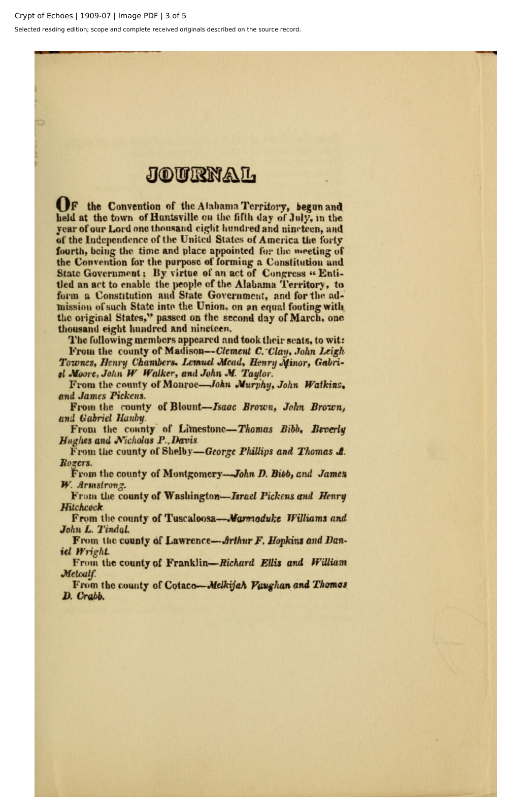 Opening page of Alabama’s 1819 constitutional convention journal, in a 1909 facsimile.