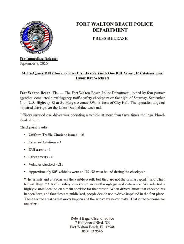 First page of the September 8, 2026 Fort Walton Beach police checkpoint release.