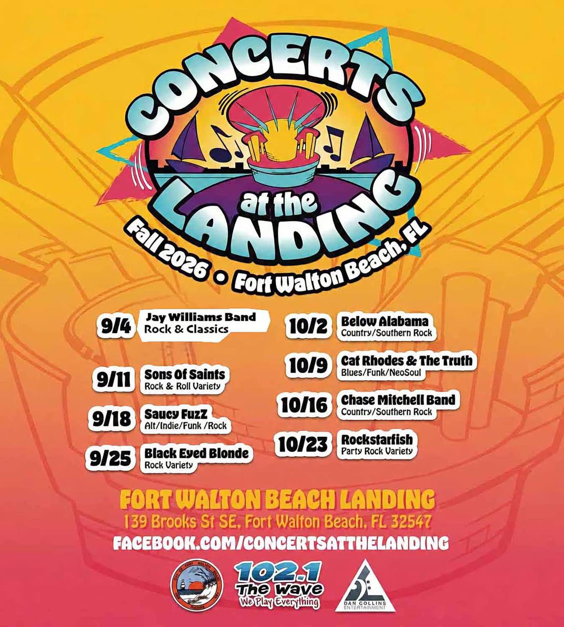 Concerts at the Landing Fall 2026 poster with eight Friday listings.