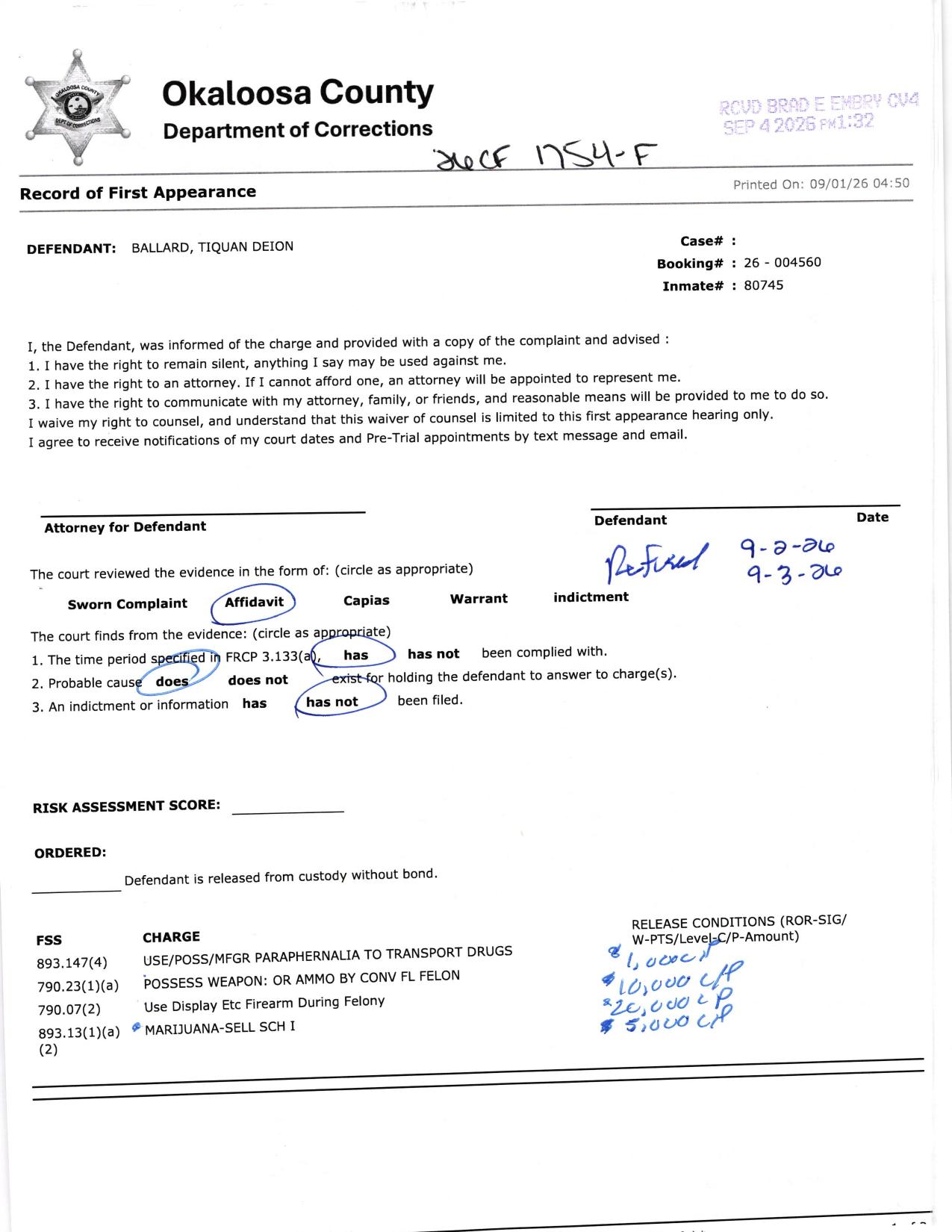 First page of the Record of First Appearance in State of Florida v. Tiquan Deion Ballard, Okaloosa County.