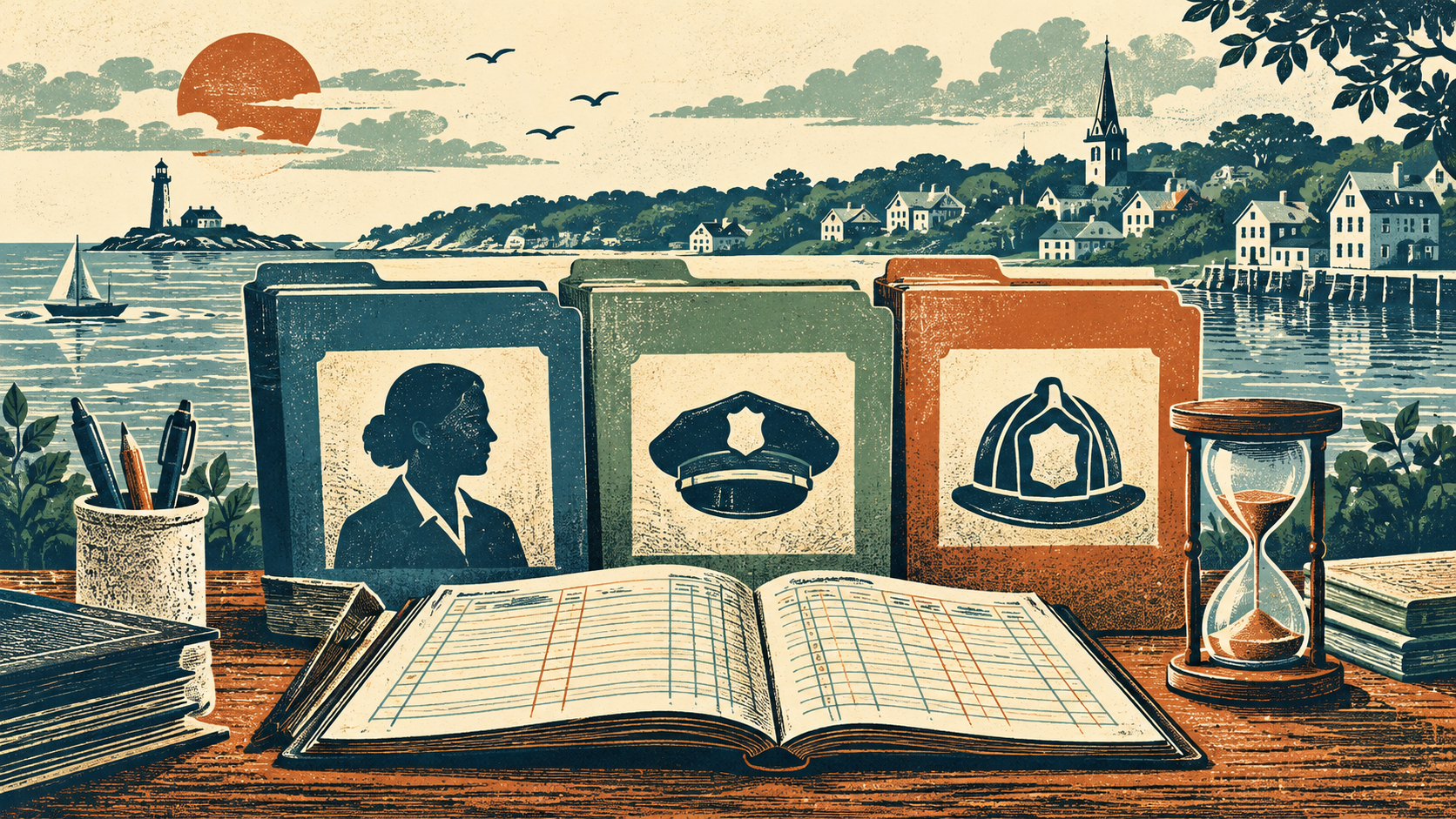 Illustration of retirement folders for general employees, police and firefighters beside a ledger.