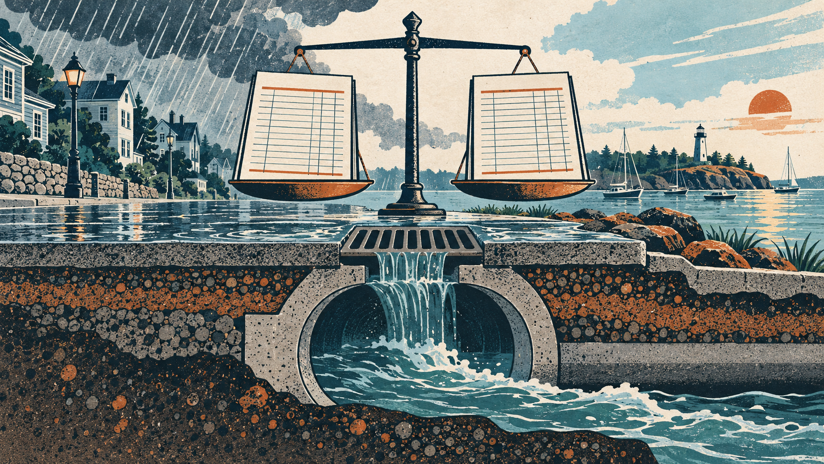 Illustration of a storm drain beneath a street and balanced accounting sheets.
