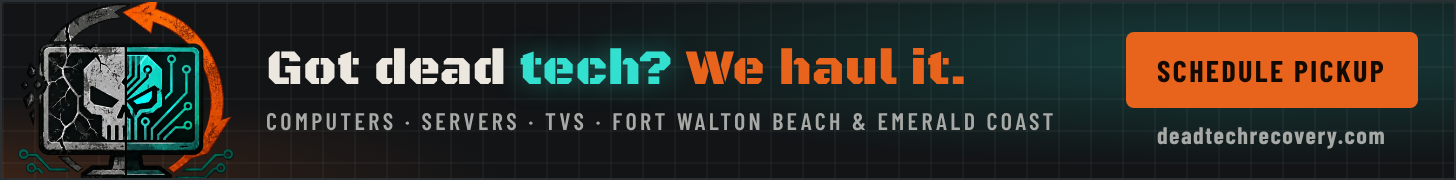 DeadTech Recovery. Got dead tech? We haul it. Computers, servers and TVs. Fort Walton Beach and Emerald Coast. Schedule pickup.