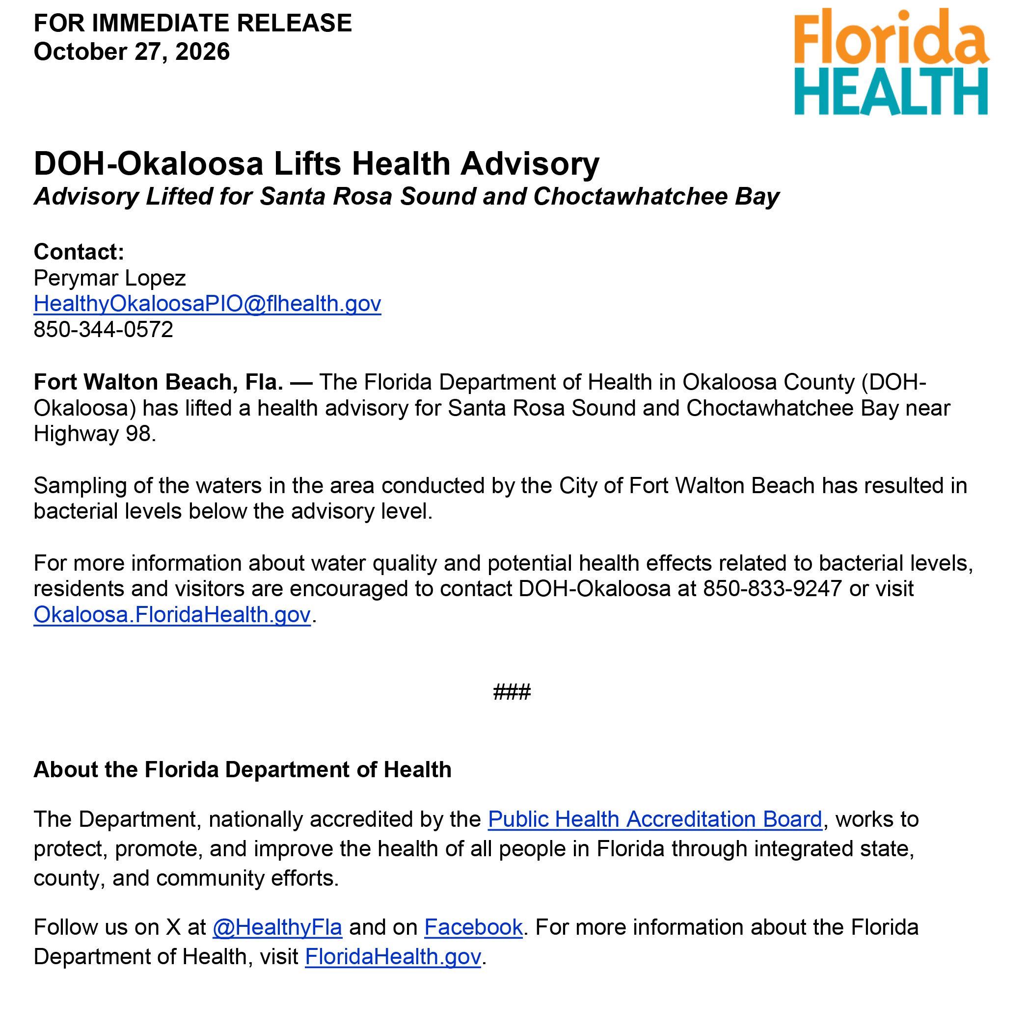 October 27 DOH-Okaloosa release lifting the Sound and Bay advisory near Highway 98.