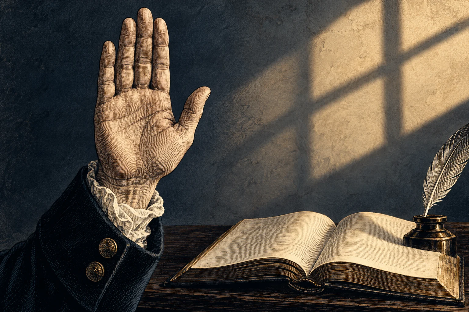 Editorial illustration: A raised hand beside an open law book and quill.