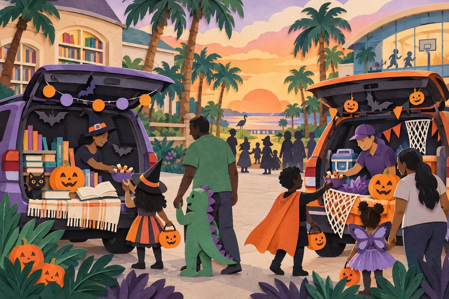 Editorial illustration: Families visiting decorated car trunks between symbolic library and recreation spaces.