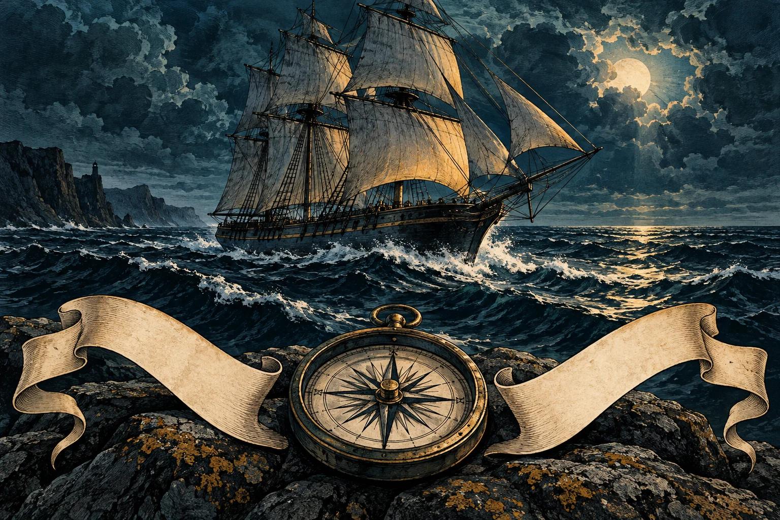 Editorial illustration: A sailing ship above a compass and two diverging paper ribbons.