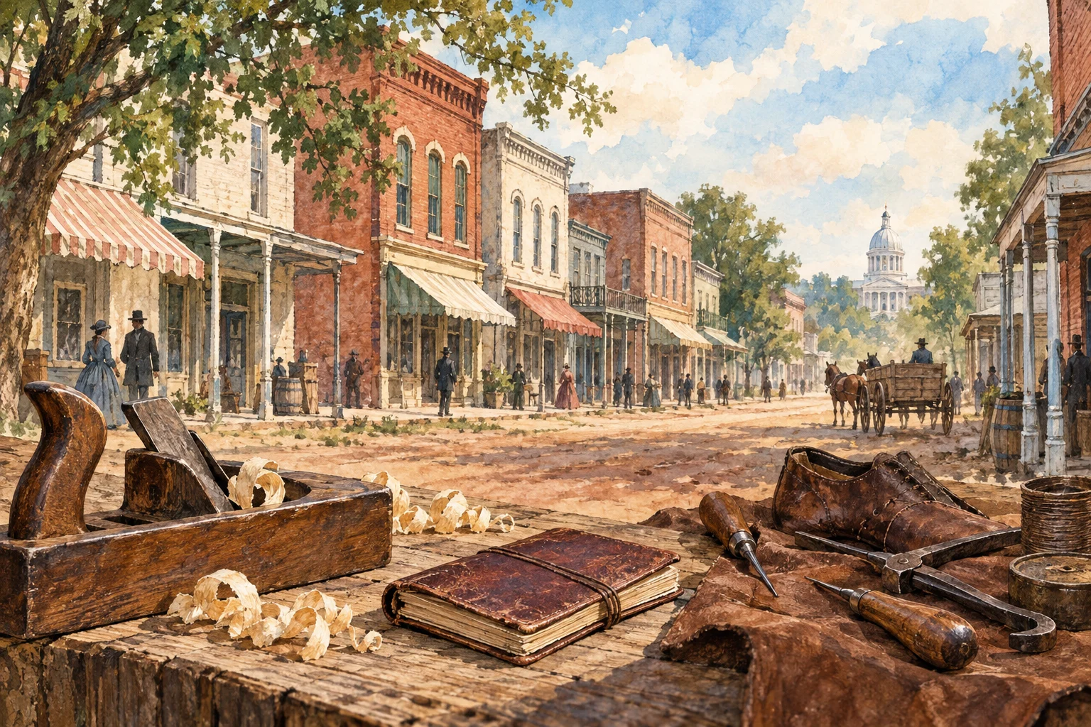 Editorial illustration: Tradespeople’s tools and a directory before an imagined nineteenth-century street.