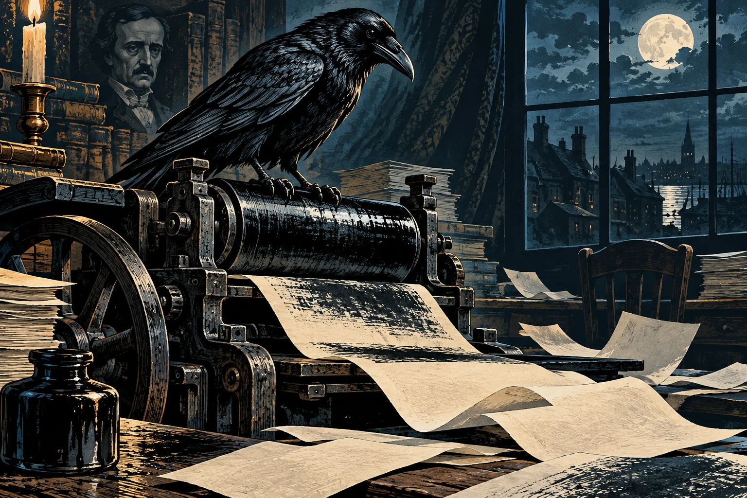 Editorial illustration: A raven on a printing press in a moonlit room.