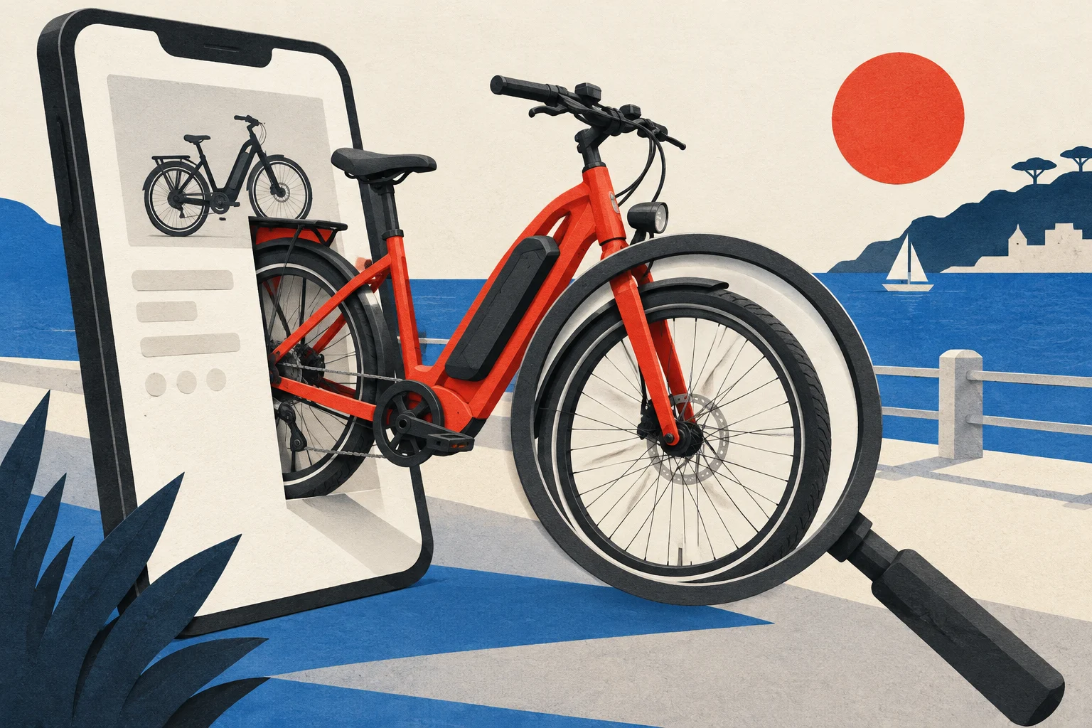 Editorial illustration: An electric bicycle emerging from a marketplace screen beside a magnifying glass.