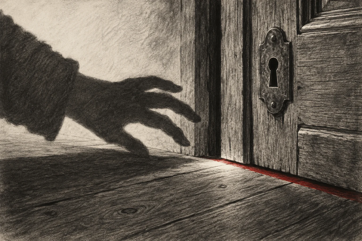 Editorial illustration: A reaching shadow at a wooden door, separated by a red threshold.