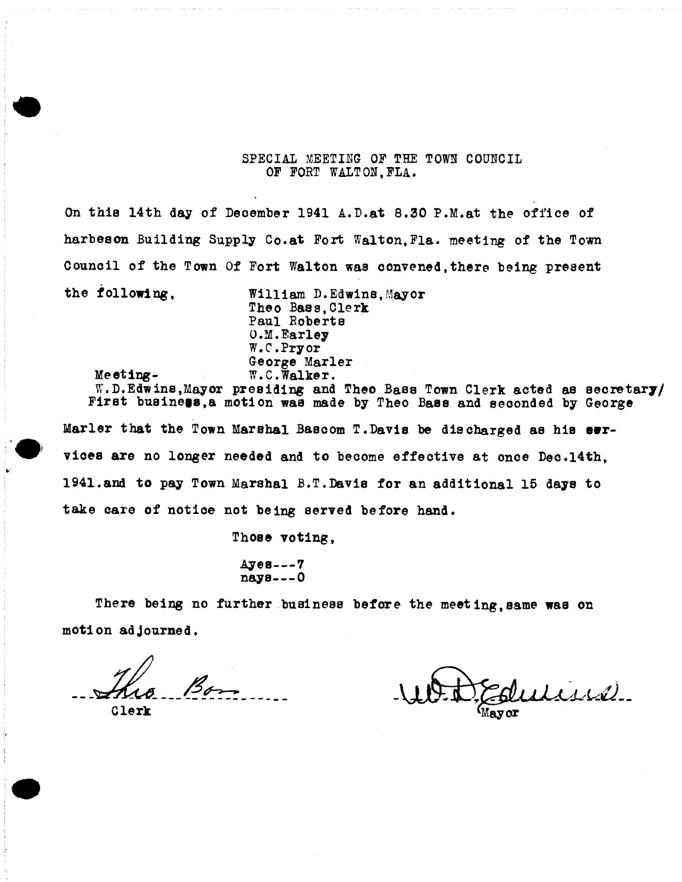 December 14, 1941 Fort Walton special council meeting minutes recording the discharge of Town Marshal Bascom T. Davis.