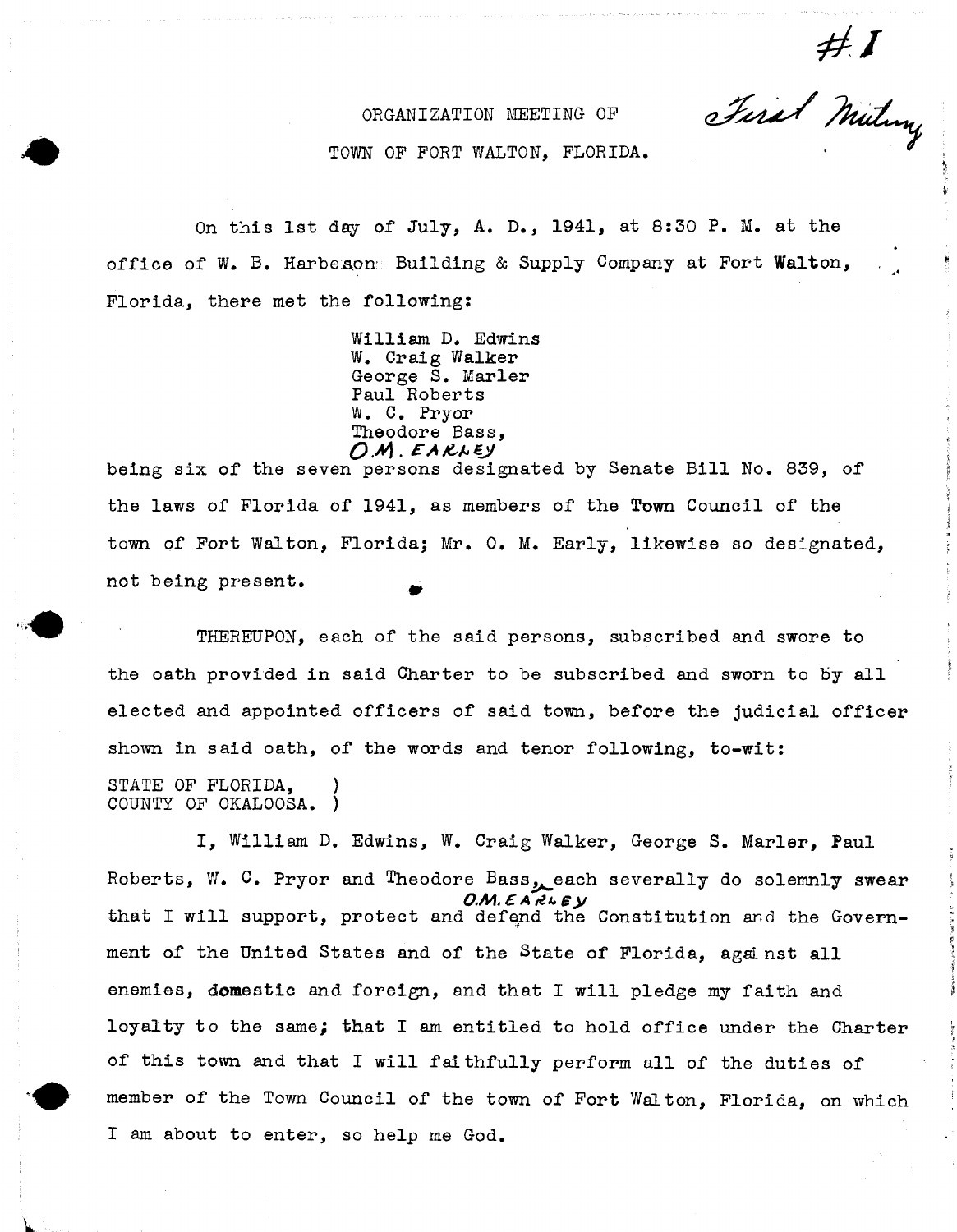 First page of Fort Walton’s July 1, 1941 organizational meeting minutes.