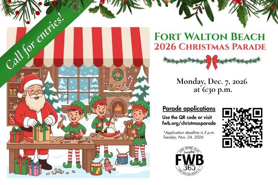 Official Fort Walton Beach Christmas parade flyer with December 7 date and November 24 application deadline.