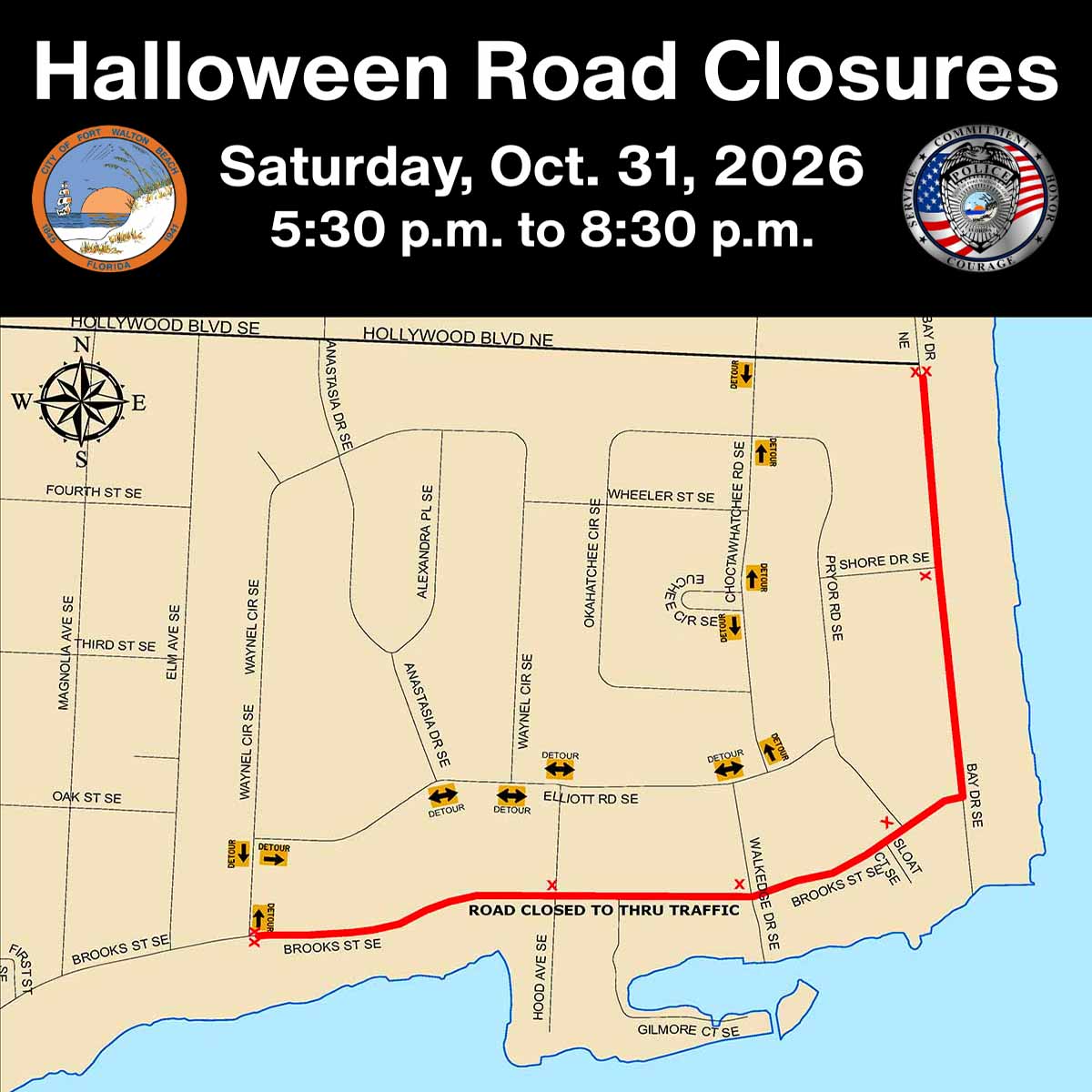 Official map marking Halloween closures on Brooks Street and Bay Drive and nearby detours.