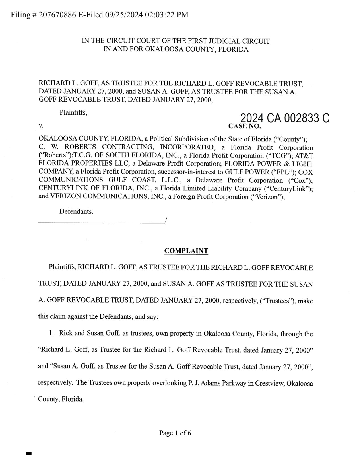 First page of the September 25, 2024 complaint in Goff v. Okaloosa County, filed in Okaloosa County Circuit Court.