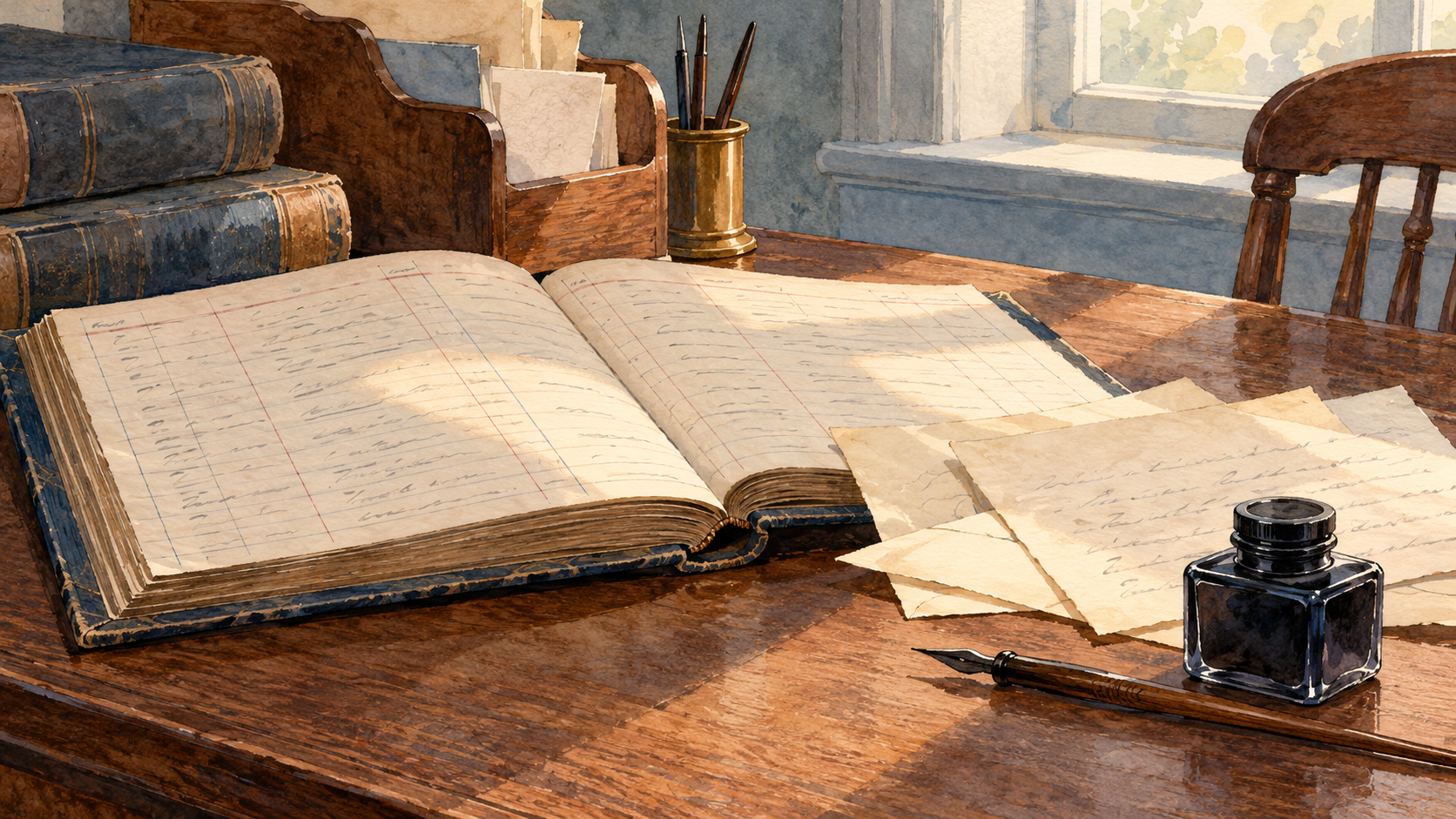 Watercolor-style editorial illustration of a property ledger, correspondence and dip pen on a wooden records desk.